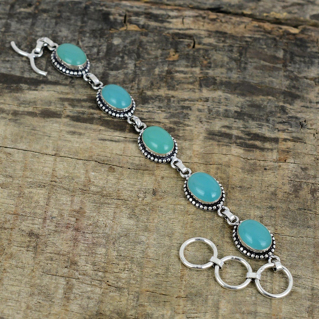 Bracciale In Argento Sterling 925 Con Calcedonio Acqua - Fatto A Mano, Regolabile 7-8 Pollici, Gioiello Unisex