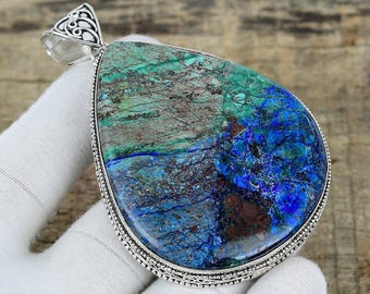 Natural Azurite Malachite Gemstone Pendant Handmade Pendant Antique Pendant Azurite Malachite Pendant 925 Sterling Silver Jewelry For Gift