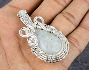 Rainbow Moonstone 925 Sterling Silver Wire Wrapped Moonstone Gemstone Pendant Moonstone Pendant Moonstone Wire Wrapped Necklace Gift For Her