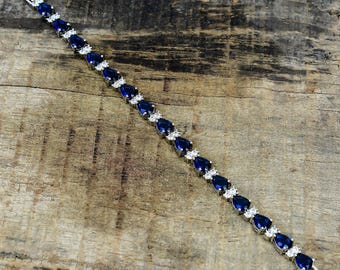 Blue Sapphire Tennis Bracelet, 925 Sterling Silver Handmade Bracelet, Pear Cut Gemstone Bracelet, September Birthstone Jewelry Gift for Her