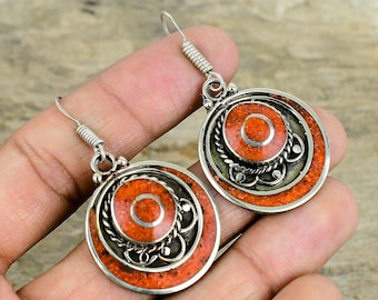 Red Coral 925 Sterling Silver Earrings Tibetan Earrings Bohemian Earrings Tibetan Jewelry Tribal Ethnic Nepali Earrings Gifts For Birthday