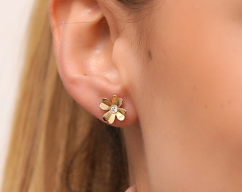 Aretes de flores de oro macizo de 14 quilates: Trébol de diamantes