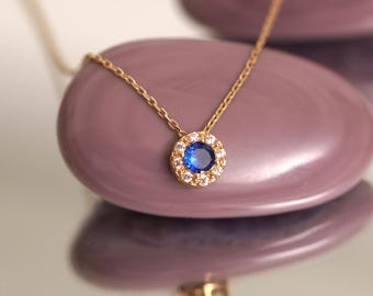 14k Gold Diamond Halo Necklace: Natural Sapphire Birthstone