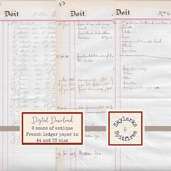 Antique French ledger digital download, print at home handwritten accounts manuscript from dressmaker for junk journaling, bullet journals