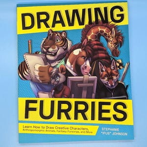 May include: A book cover with the title "DRAWING FURRIES" in yellow block letters. The cover features illustrations of anthropomorphic animals, including a tiger, horse, fox, and giraffe. The book teaches how to draw creative characters.