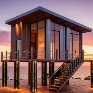 Minimaal boomhutproject: één verdieping, 26 m2, verhoogd houten ontwerp