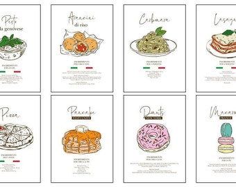 Illustrated recipe, typical dishes, Italy, America, France, Cuisine, Press, Bundles