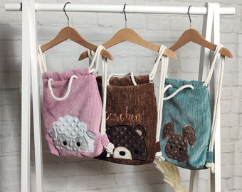 Turnbeutel Rucksack Kinder Junge Mädchen personalisiert bestickt Name Tier Cord