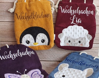 Wechselkleidung Tasche Beutel Wechselsachen Kita Kinder Junge Mädchen personalisiert bestickt Name Tier Cord