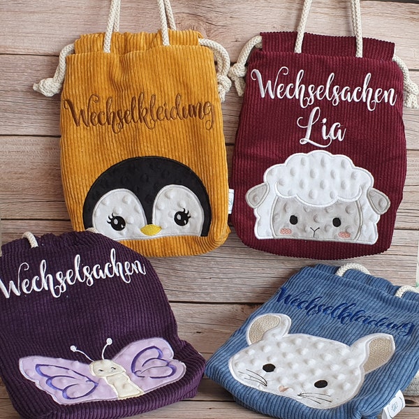 Wechselkleidung Tasche Beutel Wechselsachen Kita Kinder Junge Mädchen personalisiert bestickt Name Tier Cord