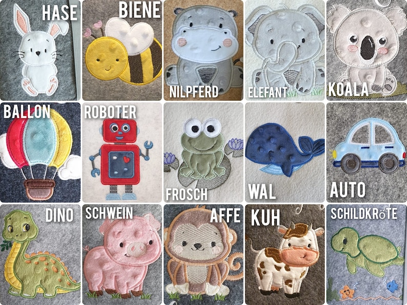 K&ouml;nnte beinhalten: Eine Sammlung von gestickten Filzaufn&auml;hern mit verschiedenen Tieren und Objekten. Designs umfassen ein Kaninchen, eine Biene, ein Nilpferd, einen Elefanten, einen Koala, einen Hei&szlig;luftballon, einen Roboter, einen Frosch, einen Wal, ein Auto, einen Dinosaurier, ein Schwein, einen Affen, eine Kuh und eine Schildkr&ouml;te.