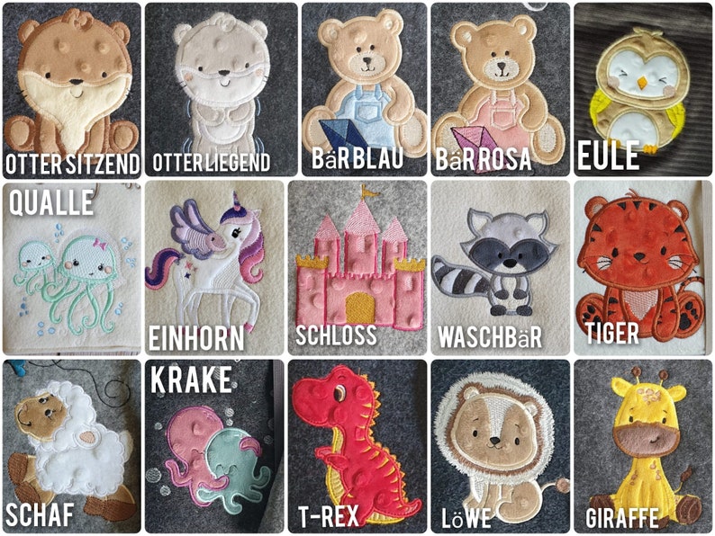 K&ouml;nnte beinhalten: Eine Sammlung von aufgestickten Filzaufn&auml;hern mit verschiedenen Tieren und Objekten. Designs umfassen einen Otter, B&auml;ren, Eule, Qualle, Einhorn, Schloss, Waschb&auml;r, Tiger, Schaf, Krake, T-Rex, L&ouml;wen und Giraffe. Jedes Patch hat ein deutsches Wort.