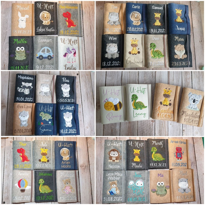 K&ouml;nnte beinhalten: Eine Sammlung personalisierter Filz-Buchh&uuml;llen mit gestickten Tierdesigns, Namen und Daten. Die H&uuml;llen zeigen verschiedene Tiere wie ein Kaninchen, einen L&ouml;wen, einen Dinosaurier, ein Nilpferd, einen Frosch, ein Auto, ein Einhorn und mehr.