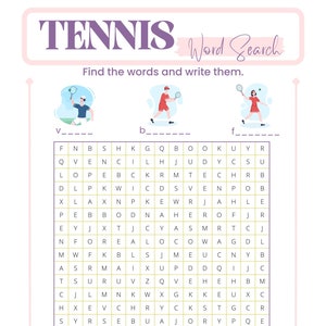 Tennis Sports Word Search Game Printable