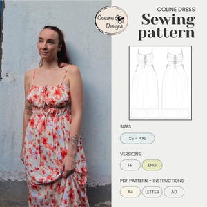 May include: A sewing pattern for a Coline dress, featuring a floral print dress on a model. The pattern includes sizes XS-4XL and is available in French and English versions. The pattern is available in A4, Letter, and A0 sizes.