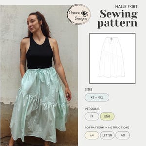 Peut inclure: Patron de couture pour une jupe Halle, disponible dans les tailles XS à 4XL. Le patron comprend des instructions en français et en anglais et peut être imprimé sur du papier A4, Letter ou A0.