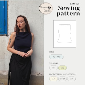 Op de afbeelding: Een naaipatroon voor een top zonder mouwen genaamd "Sam Top" van Oceane Designs. Het patroon is verkrijgbaar in de maten XS-4XL en in Franse en Engelse versies. Het PDF-patroon is verkrijgbaar in de formaten A4, Letter en A0.