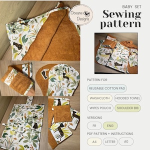 Könnte beinhalten: Nähmuster für ein Baby-Set mit Kapuzenhandtuch, Waschlappen, Feuchttücher-Tasche und Schulterlätzchen. Das Muster zeigt einen Dschungeltier-Druck in Braun, Weiß und Grün. Das Muster ist in den Größen A4, Letter und A0 erhältlich.