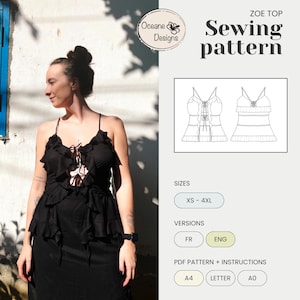 May include: A sewing pattern for a black lace-up top called "Zoe Top" by Oceane Designs. The pattern includes sizes XS-4XL and is available in French and English versions. The pattern is available in A4, Letter, and A0 sizes.