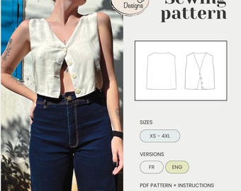 May include: A cream-colored button-up vest with a V-neck, paired with dark blue jeans. The image also includes a sewing pattern with the text "TAYLOR TOP Sewing pattern" and size options from XS to 4XL.