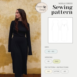 Peut inclure: Une femme porte une robe noire à manches longues à côté d'un patron de couture. Le patron comprend une illustration de robe, le texte "NOELLE DRESS Sewing pattern", les tailles XS-4XL et les options de version FR et ENG. Le patron est de Oceane Designs.