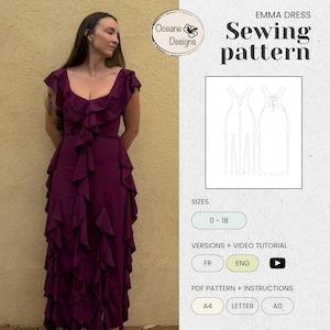 Peut inclure: Une robe prune avec des volants superposés, une taille cintrée et une encolure carrée. L'image montre également un patron de couture avec le texte "EMMA DRESS Sewing pattern" et la taille 0-18. Le patron comprend des tutoriels vidéo.