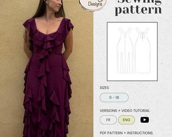 以下が含まれることがあります： 重ねられたフリル、フィットしたウエスト、スクエアネックラインが特徴のプラム色のドレス。画像には、「EMMA DRESS Sewing pattern」というテキストとサイズ範囲0〜18の縫製パターンも表示されています。パターンにはビデオチュートリアルが含まれています。