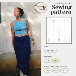 Può includere: Un cartamodello per una gonna Carolina, con una donna che indossa una canotta blu e una gonna blu scuro. Il cartamodello comprende le taglie XS-4XL ed è disponibile in versione francese e inglese. Il cartamodello è disponibile nelle taglie A4, Letter e A0.