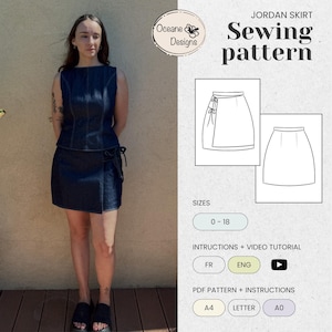 Può includere: Una donna indossa una gonna e un top in denim scuro. L'immagine include un modello di cucito per una gonna, con il testo "JORDAN SKIRT Sewing pattern". Il modello include taglie 0-18 e istruzioni in francese e inglese.