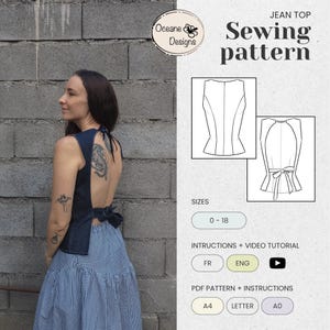 Peut inclure: Un patron de couture pour un haut en jean avec un dos nu, noué à la nuque et à la taille. L'image comprend un schéma du haut, les tailles 0-18 et des instructions en français et en anglais. Le logo de la marque est visible.