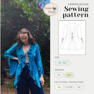 Peut inclure: Patron de couture pour un chemisier Sabrina avec un col et des manches à volants. Le patron est disponible dans les tailles XS à 4XL et en versions française et anglaise. Le patron est disponible dans les formats A4, Letter et A0.