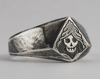 Handmade Grim Reaper Signet Ring: Oxidized Recycled Sterling Silver