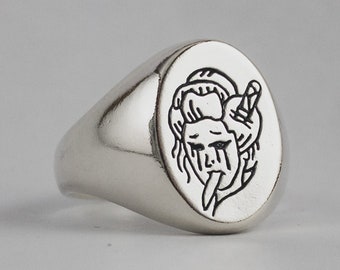 Namakubi Signet Ring: Hand-Carved Sterling Silver Japanese Tattoo