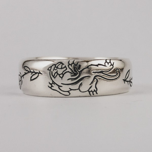 Bague en argent sterling avec panthère et roses : sculptée à la main, inspirée des tatouages traditionnels, bijoux uniques, large anneau, bague unisexe