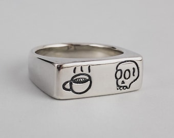 Handmade Sterling Silver Signet Ring: Coffee & Skull Design