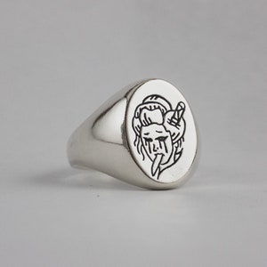 Silver Signet Ring "Namakubi" Japanese Inspired Hand Carved - Unique Artisan Crafted Statement Jewelry, Oval Signet, Unisex Rings