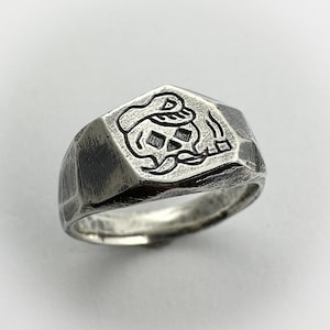 CPT. SMOKEY - silver hand carved engraved ring, unisex 925 recycled sterling silver, unique signet with worn/oxidised finish tattoo inspired
