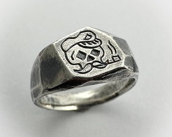 CPT. SMOKEY - silver hand carved engraved ring, unisex handmade 925 recycled sterling silver, unique signet with worn finish