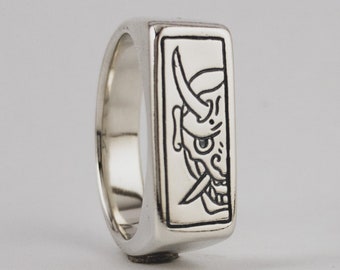 Handmade Oni Mask Signet Ring: Japanese Tattoo Art, Sterling Silver