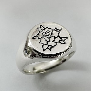 Sterling Silver Rose Signet Ring – Hand carved &#39;Ros&#39; Floral Ring | Trad Botanical Jewelry for Men & Women | Handcrafted in Australia