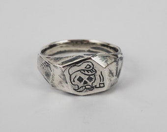 CPT. SMOKEY - silver hand carved engraved ring, unisex handmade 925 recycled sterling silver, unique signet with worn finish