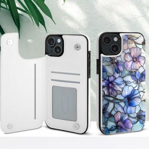 Capa tipo carteira com estampa floral e vitral com porta-cartões para iPhone 16, 16E, 15, 14 Pro Max Plus e Samsung Galaxy S25, S24 e S23 Ultra Plus