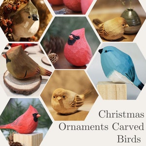 Handmade Carved Bird Ornaments for Christmas Tree, Wooden Bird Figurine, Sculpture Ornament, Festive Holiday Decorations, Wood Home Decor