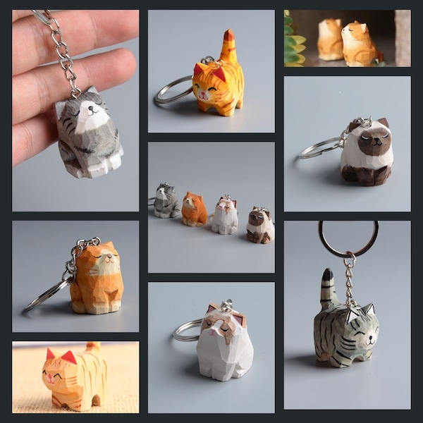 Joli porte-clé chat en bois, porte-clé chat en bois, sculpture de chat en bois à la main, ornements de chat, figurine de chat, décoration de chat, cadeau de Noël