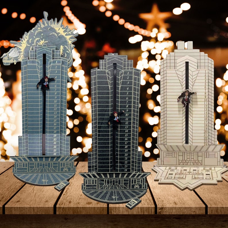 Diehard Hans Gruber Falling off Nakatomi Plaza Advent Calendar, Wooden