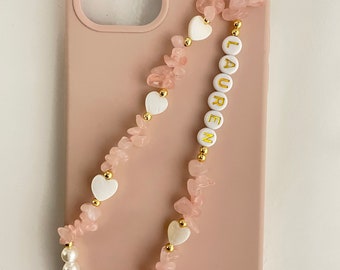 Rose Quartz Phone Strap/ Beaded Phone Charm/ Gemstone Phone Lanyard/Pearl Shell Phone Strap/ Personalized Phone Strap/Custom Christmas Gifts