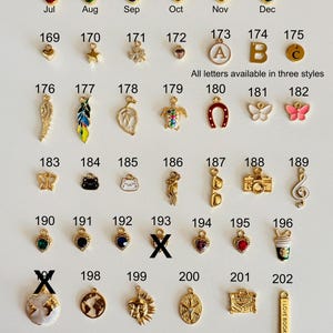 May include: A collection of gold-toned charms with various designs, including birthstones, letters, and symbols. The charms feature gemstones, enamel details, and a variety of shapes, such as hearts, butterflies, and zodiac signs. The image includes the text "All letters available in three styles."