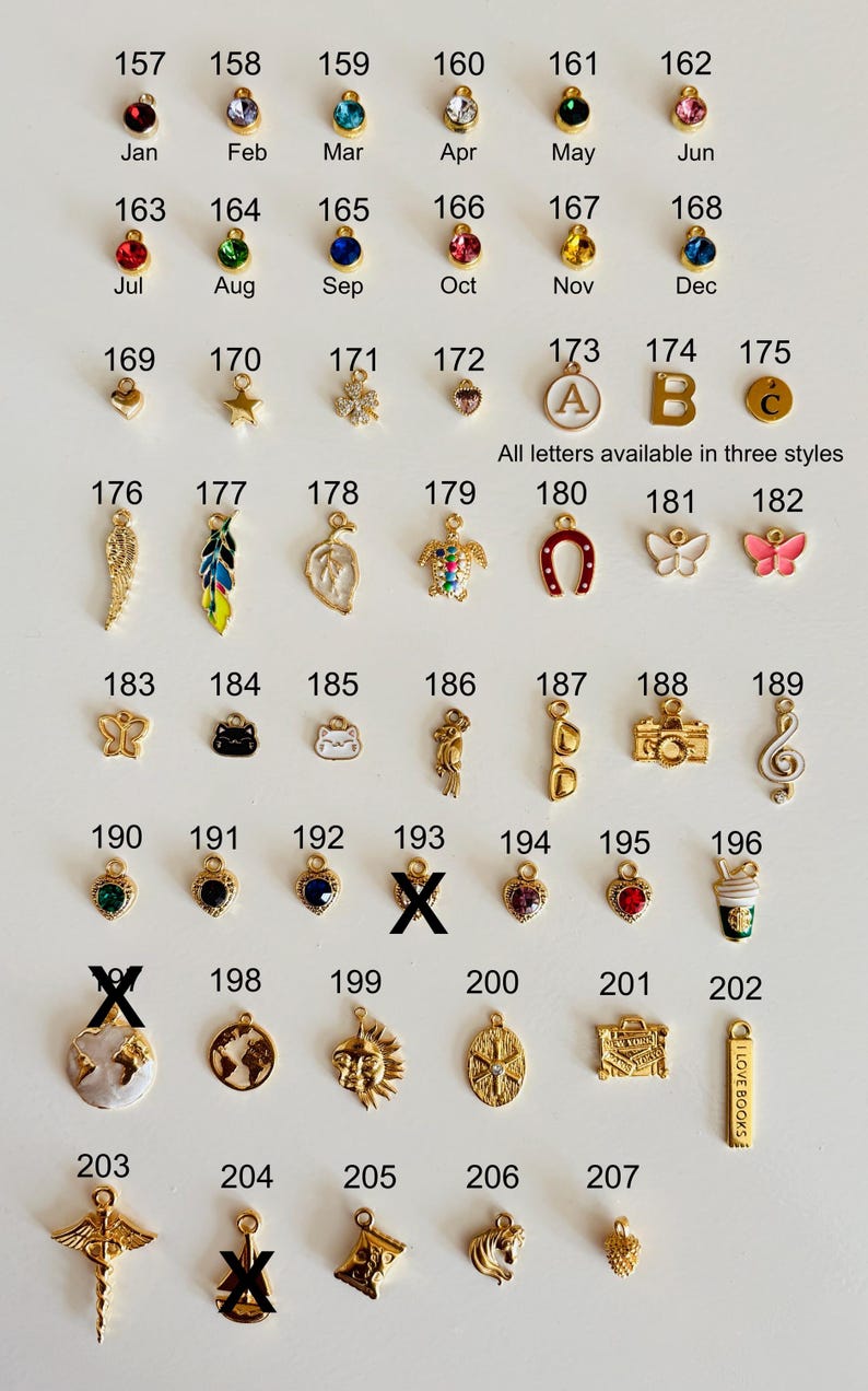 May include: A collection of gold-toned charms with various designs, including birthstones, letters, and symbols. The charms feature gemstones, enamel details, and a variety of shapes, such as hearts, butterflies, and zodiac signs. The image includes the text "All letters available in three styles."