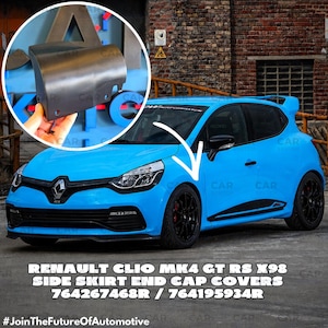 Può includere: Un'auto Renault Clio MK4 GT RS X98 blu brillante con ruote nere e un copri-estremità della minigonna laterale. L'immagine include il testo "RENAULT CLIO MK4 GT RS X98 SIDE SKIRT END CAP COVERS 764267468R / 764195934R" e "#JoinTheFutureOfAutomotive".
