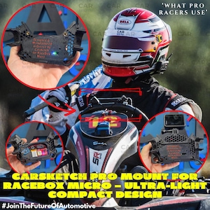 May include: A black Carsketch Pro mount for Racebox Micro, ultra-light, compact design. The image shows a racing helmet and a motorcycle. The mount is designed and manufactured in Greece by Cisketch.